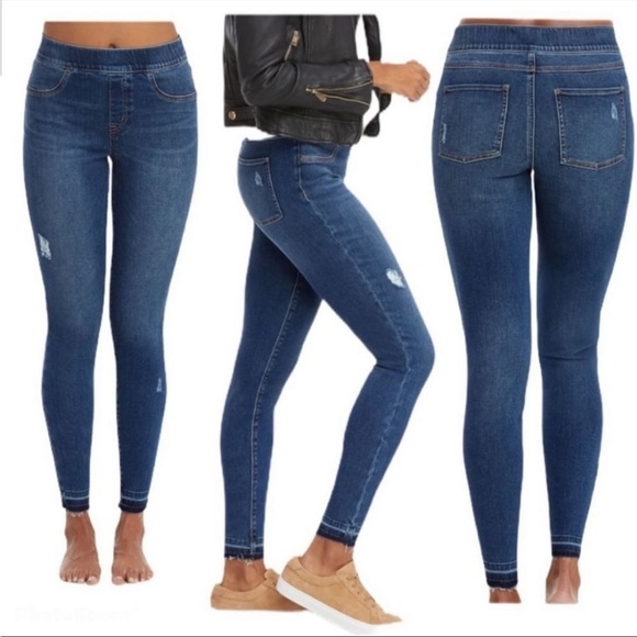 Spanx Distressed Ankle Skinny Jeans dark Wash size small raw hem shapewear - Picture 1 of 10